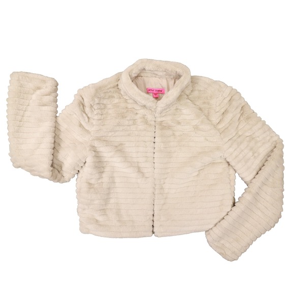 Betsy Johnson Ribbed Faux Fur Cropped Jacket size Small Pockets Hook and Eye - Picture 1 of 10